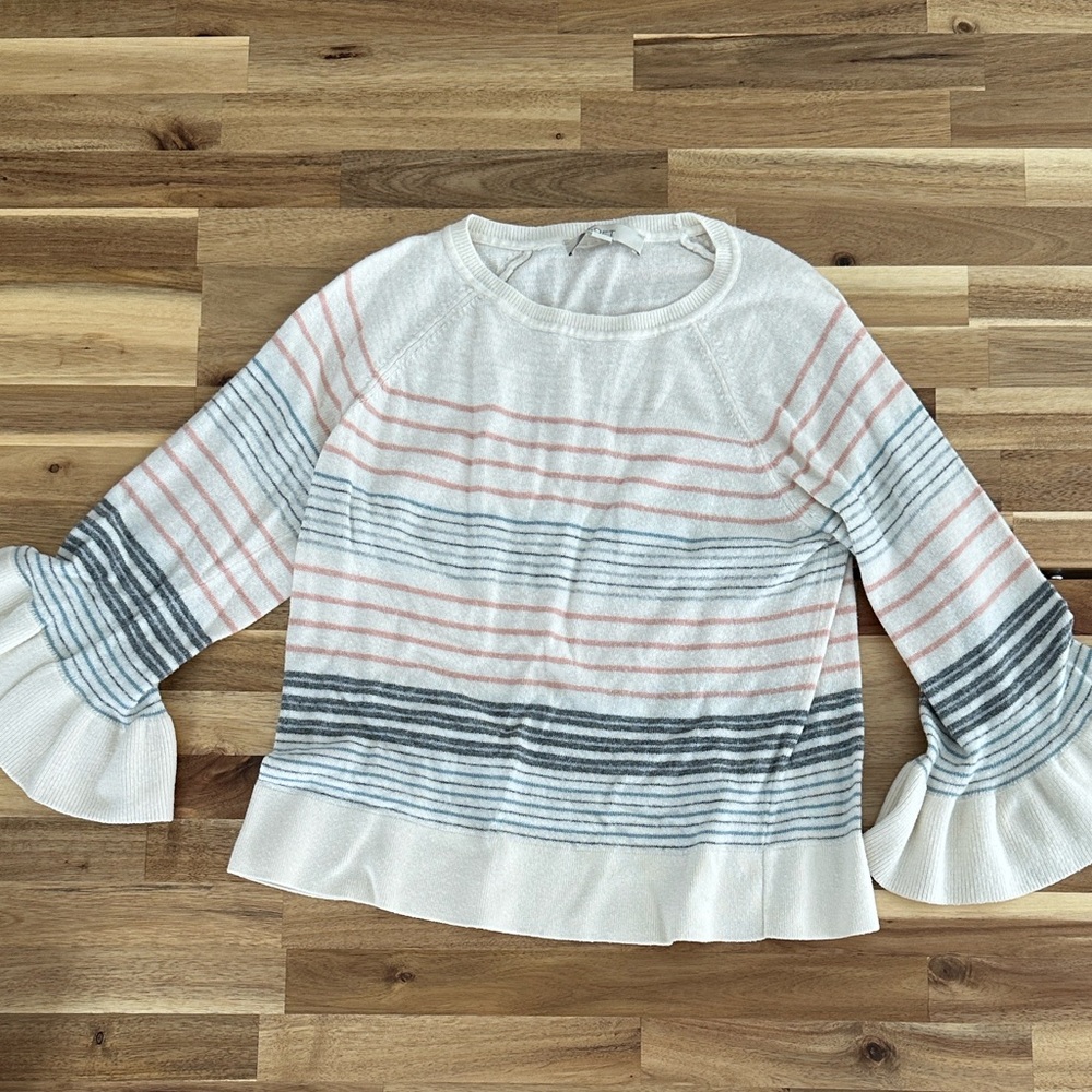 LOFT Ruffle Sleeve Striped Blouse - Cream, Pink, Gray, Blue
